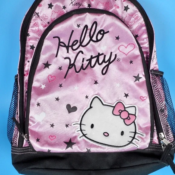 Hello Kitty Sanrio Light Pink Black Backpack Hearts Stars School Embroidered - Picture 6 of 14